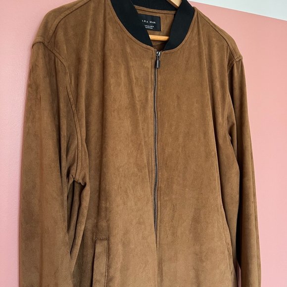 Zara Men's Bomber Jacket. Suede. Tan with Black Detailing. Large. - Picture 3 of 5